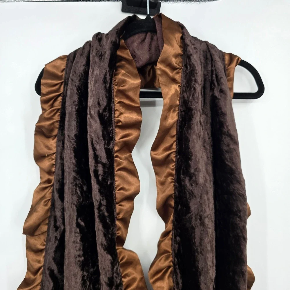 Brown Faux Fur Ruffle Scarf Damask Jacquard‎ Reverse Evening Wrap Stole